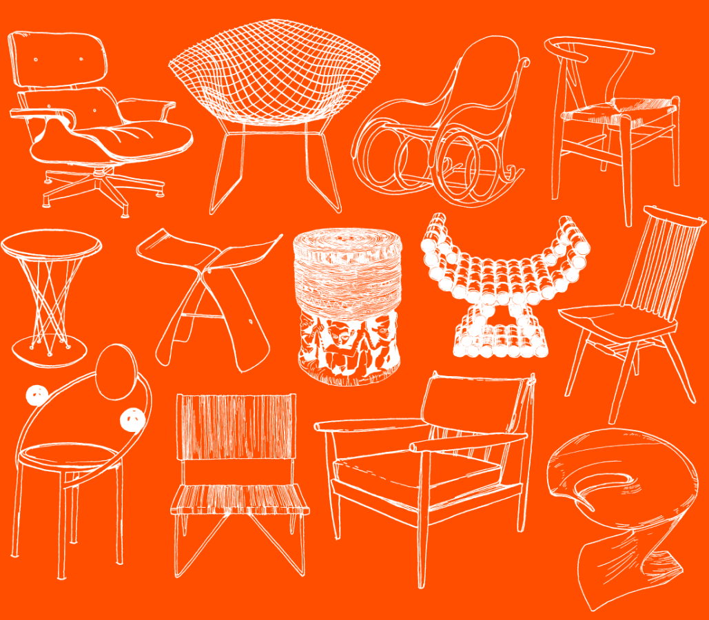 Illustrations of chairs featured in the exhibition, Please Be Seated, at Mingei International Museum. Illustrations by Rodrigo Calderon.